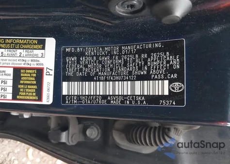 2017 Toyota Camry Se from USA, damaged, VIN 4T1BF1FK3HU734122